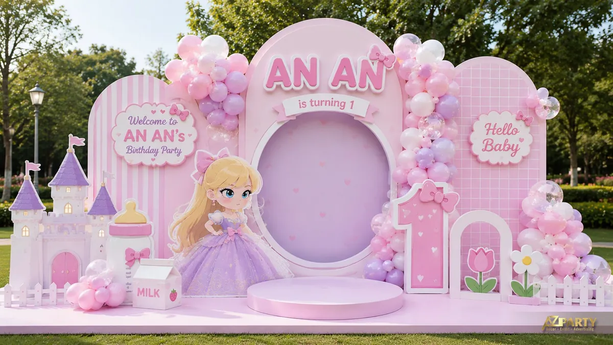 Backdrop sinh nhật bé An An 1 tuổi pastel hồng tím với công chúa nhỏ, lâu đài và bóng bay