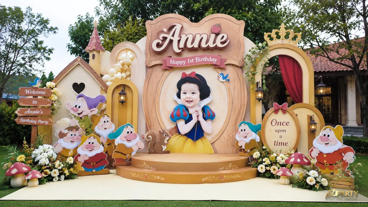 Backdrop sinh nhật bé Annie chủ đề Bạch Tuyết với bảy chú lùn, nhà gỗ và hoa rừng