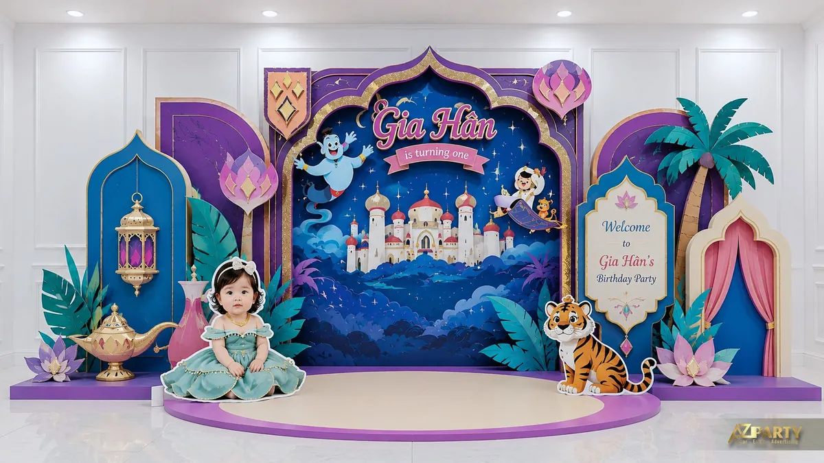 Backdrop sinh nhật Gia Hân chủ đề công chúa Jasmine với cung điện, đèn thần và hổ