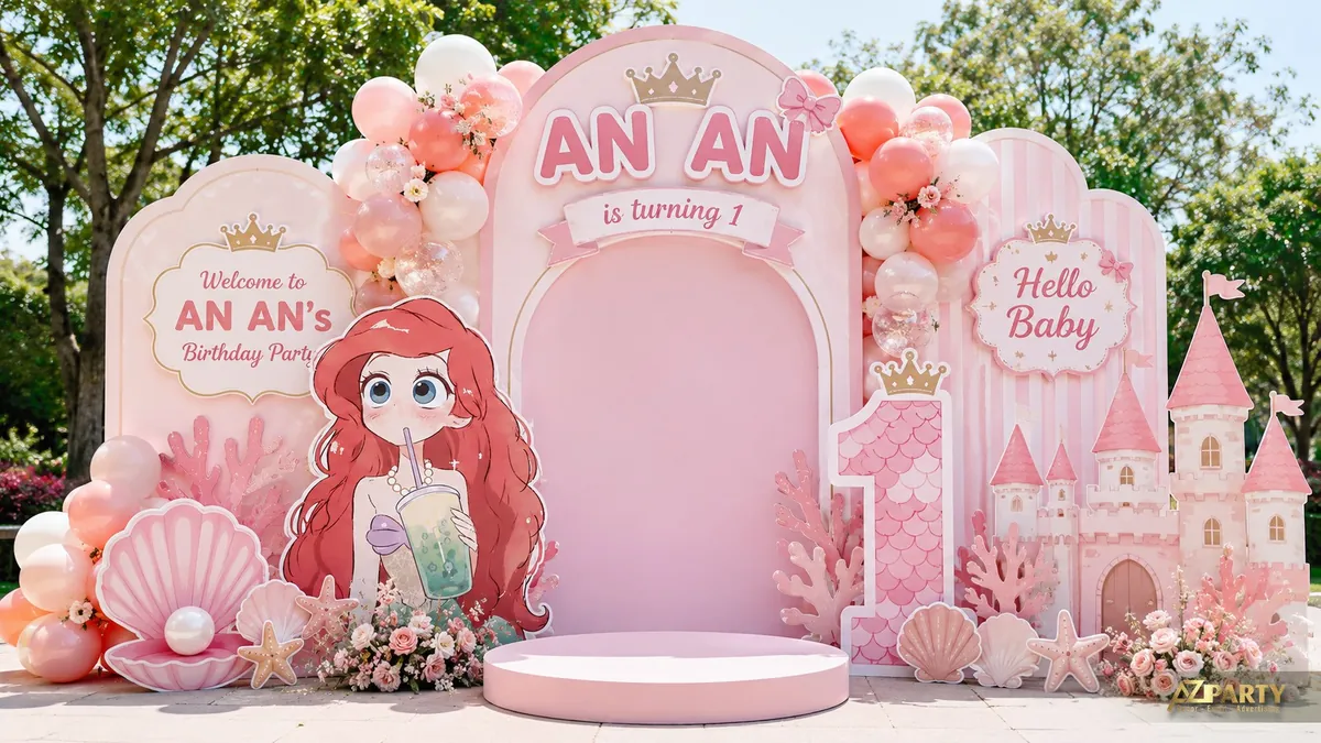 Backdrop sinh nhật An An chủ đề nàng tiên cá hồng với lâu đài, vỏ sò và bóng pastel
