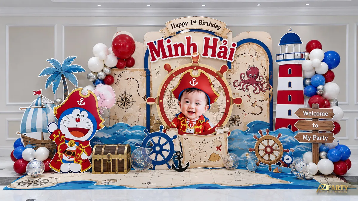 Backdrop Doraemon chủ đề biển với hải đăng, bánh lái tàu và cụm bóng xanh đỏ