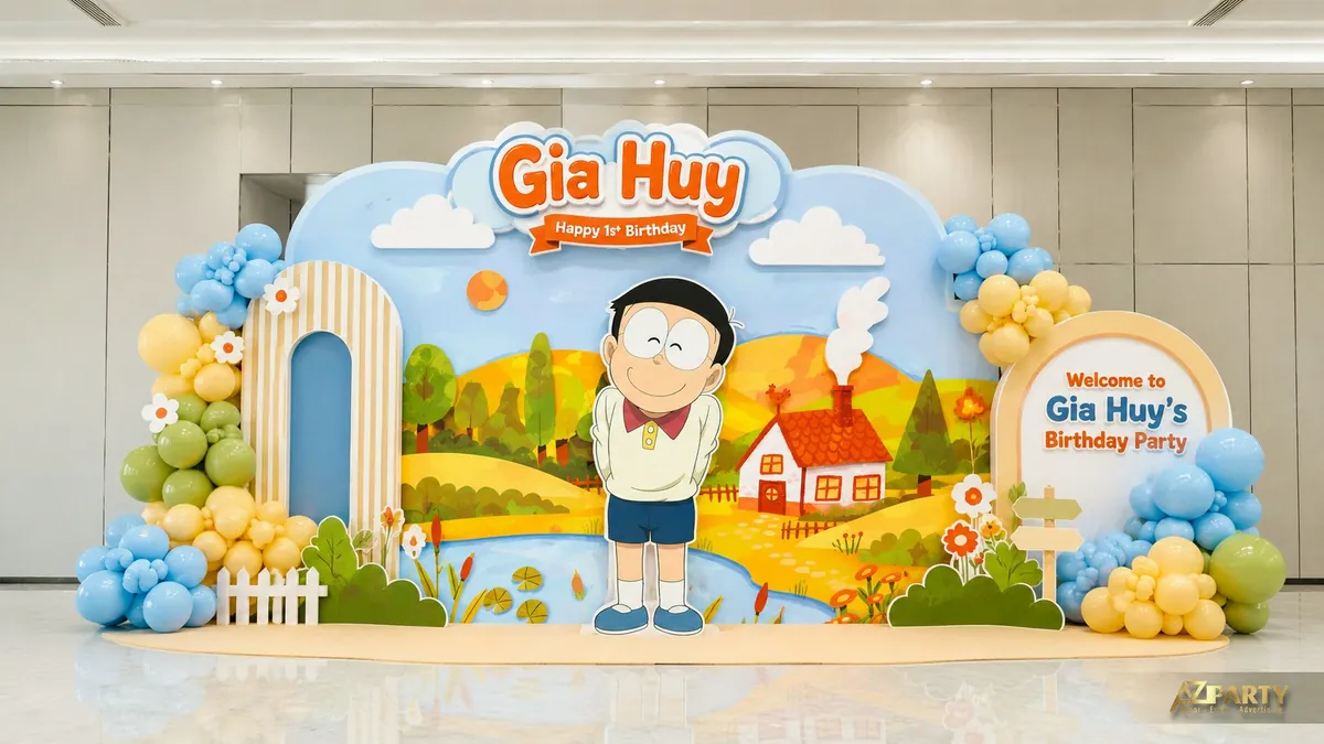 Backdrop sinh nhật Doraemon phong cách nông trại pastel với Nobita và hàng rào nhỏ