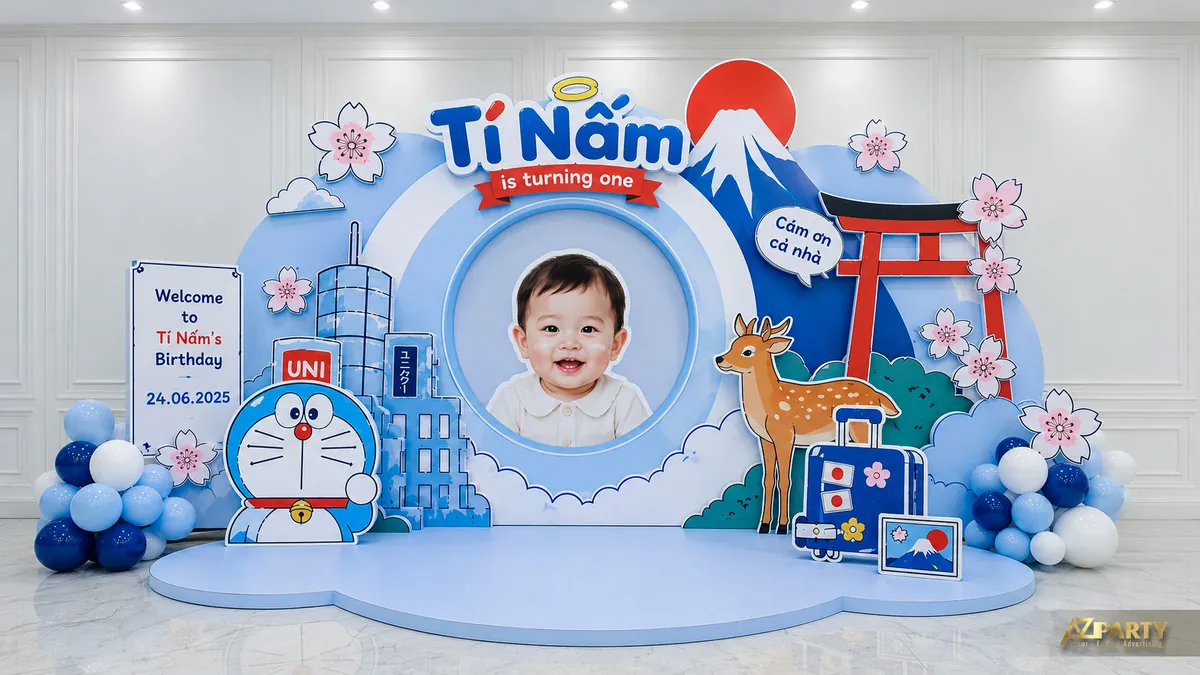 Backdrop Doraemon phong cách Nhật Bản với cổng đỏ, núi Phú Sĩ và ảnh bé ở trung tâm