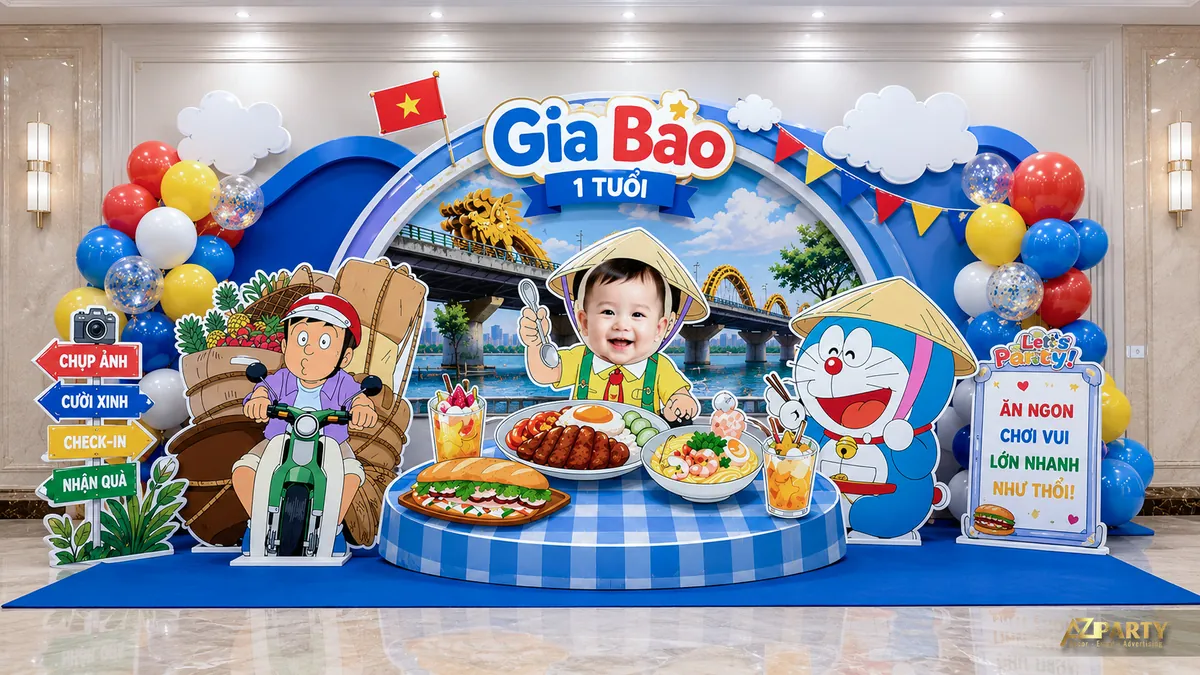 Backdrop Doraemon chủ đề picnic xanh dương với bàn tiệc, nhân vật và bảng chỉ dẫn