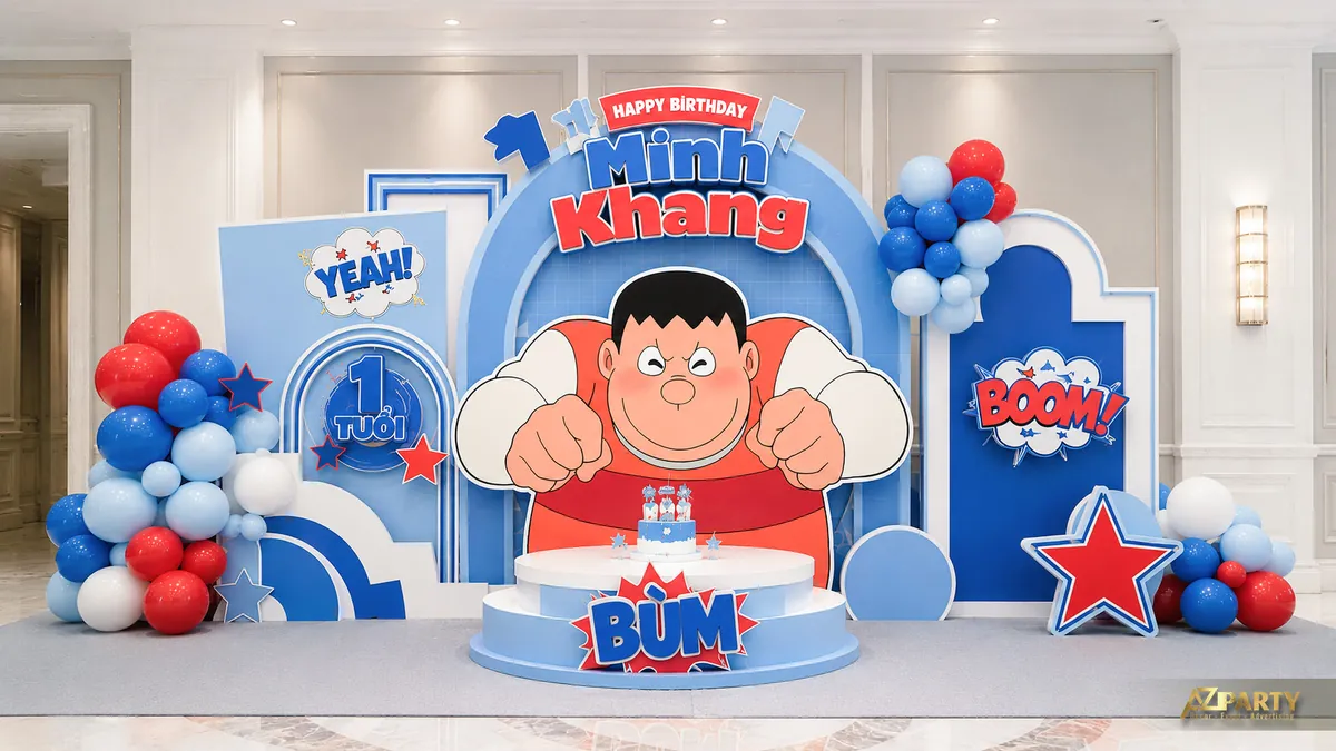 Backdrop Doraemon tông xanh đỏ với nhân vật Chaien và cụm bóng nổi hai bên