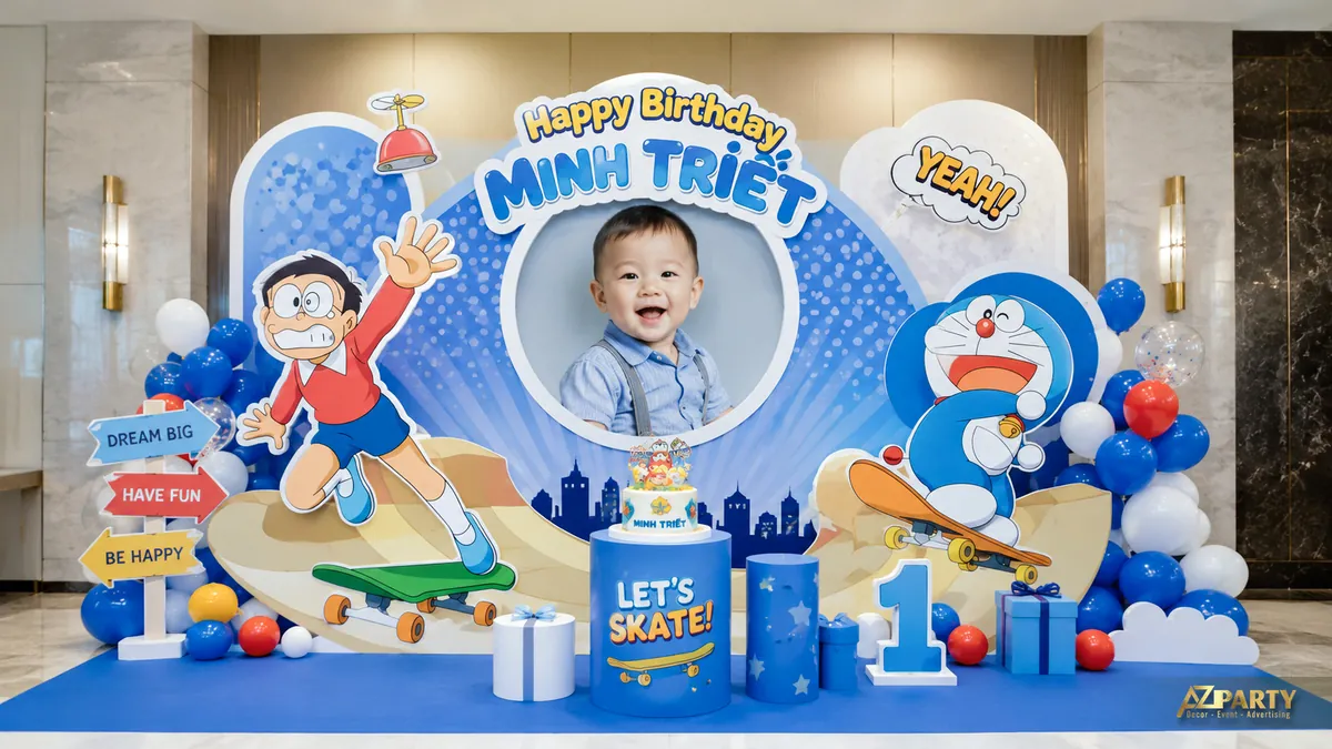 Backdrop sinh nhật Doraemon tông xanh trắng với nhân vật trượt ván và mô hình số 1