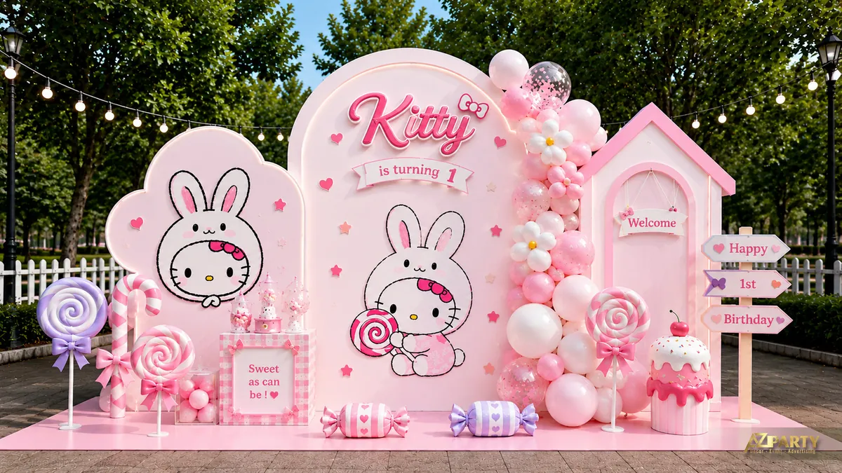 Trang trí sinh nhật Hello Kitty kẹo ngọt màu hồng với lollipop, bánh kem, nhà hồng và bóng bay