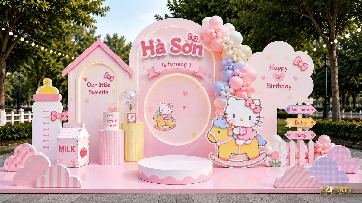 Backdrop sinh nhật Hello Kitty cho bé Hà Sơn 1 tuổi với ngựa bập bênh, bình sữa và cụm bóng pastel