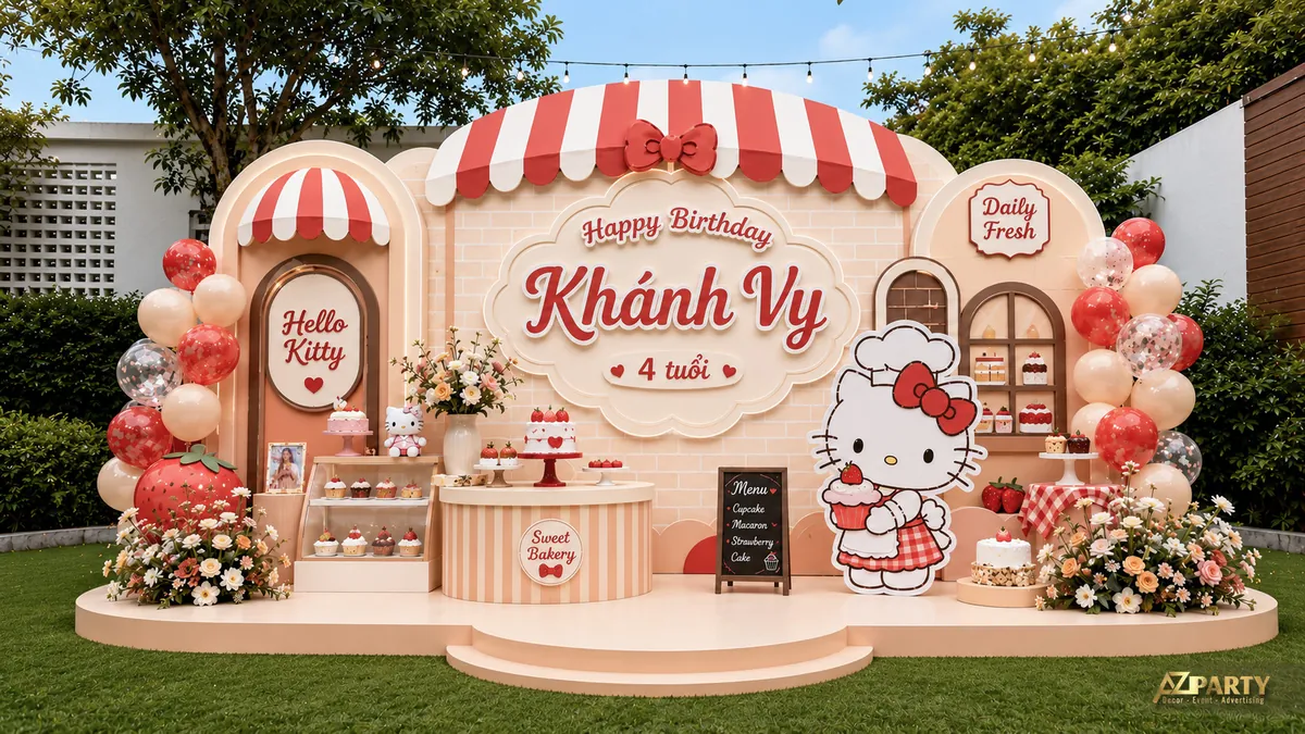 Backdrop sinh nhật Hello Kitty bakery cho bé Khánh Vy 4 tuổi với tiệm bánh, cupcake, dâu tây và bóng đỏ kem
