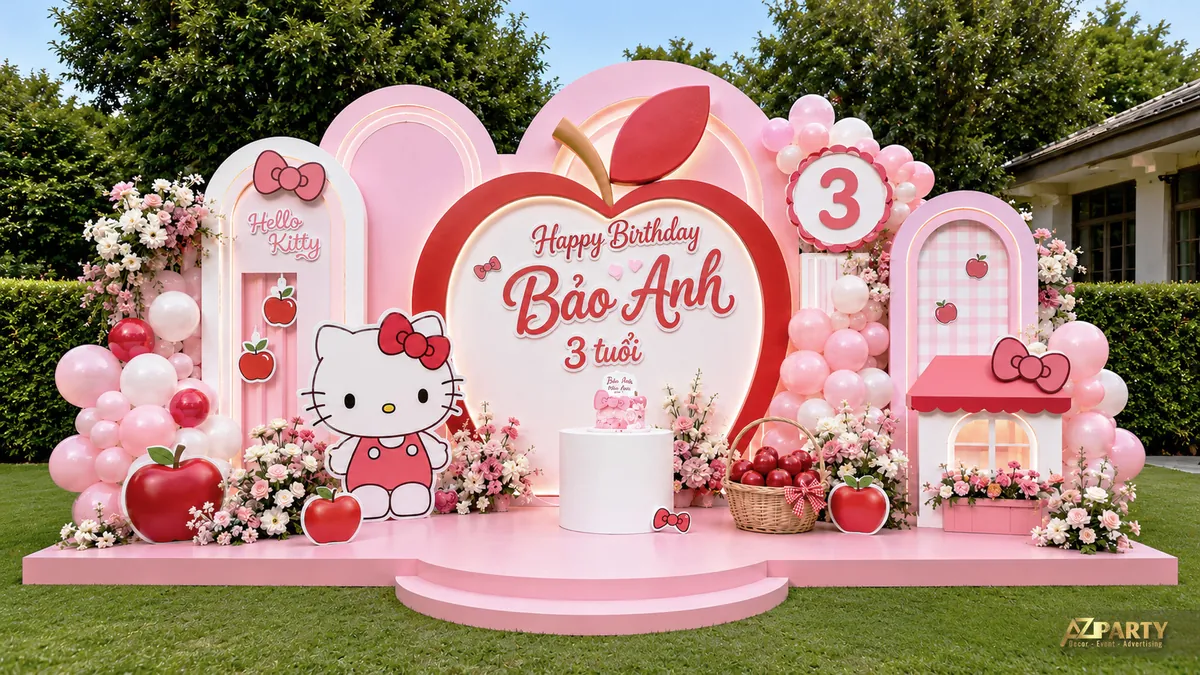 Backdrop sinh nhật Hello Kitty quả táo cho bé Bảo Anh 3 tuổi với tone hồng đỏ và hoa trang trí