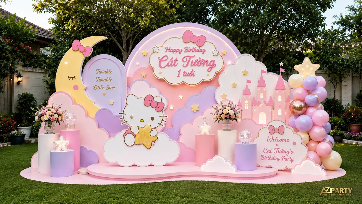 Mẫu sinh nhật Hello Kitty màu pastel cho bé Cát Tường 1 tuổi với mặt trăng, lâu đài và mây hồng