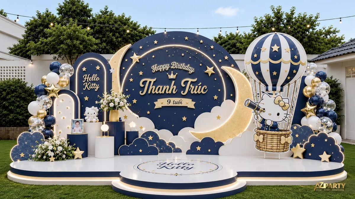 Backdrop sinh nhật Hello Kitty chủ đề trăng sao cho bé Thanh Trúc 9 tuổi với khinh khí cầu và ánh đèn viền