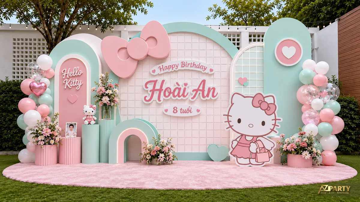 Backdrop sinh nhật Hello Kitty màu hồng mint cho bé Hoài An 8 tuổi với khung lưới, hoa và bóng pastel