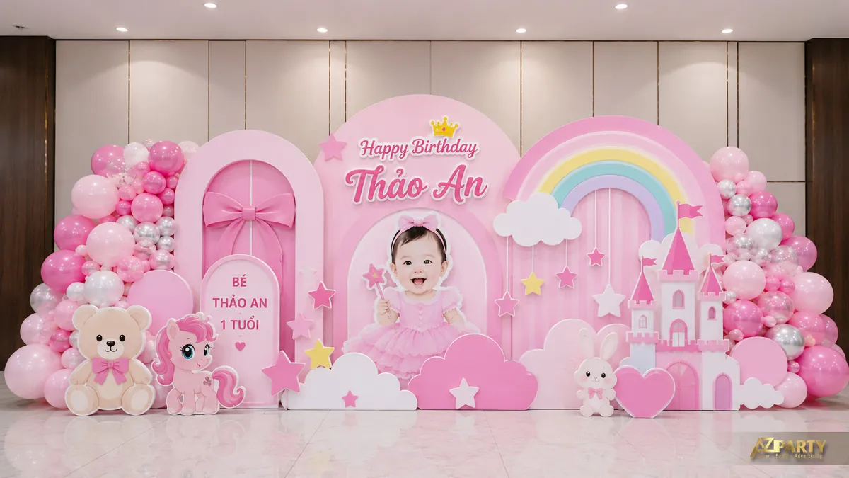 Backdrop hồng pastel với cầu vồng, lâu đài nhỏ, gấu bông và cụm bóng hai bên