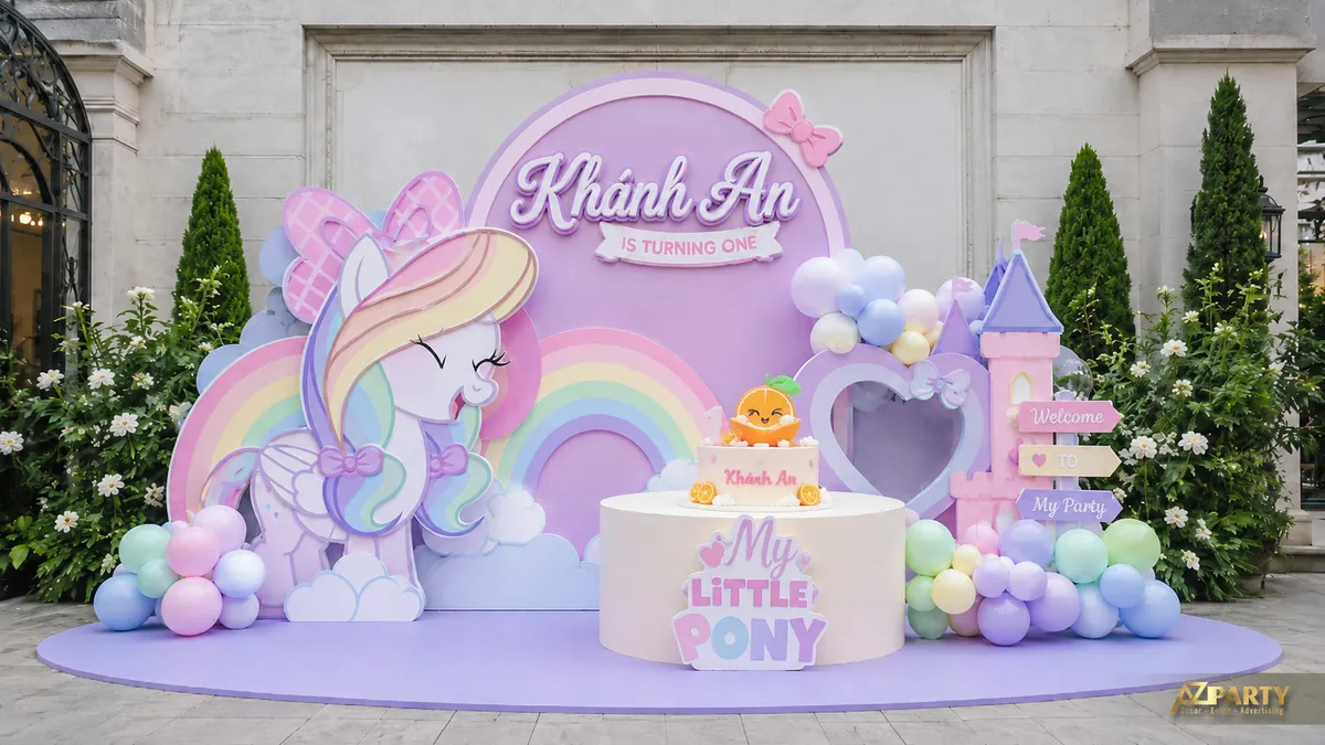 Backdrop thôi nôi Khánh An chủ đề Little Pony pastel với cầu vồng, lâu đài và bóng bay