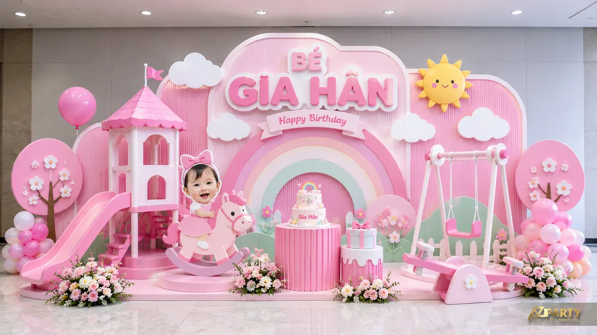 Backdrop sinh nhật màu hồng với cầu vồng, lâu đài, mây trắng và ảnh bé ở trung tâm