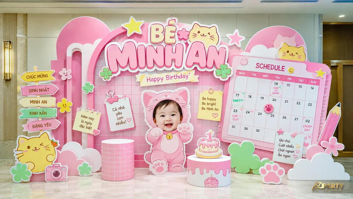 Backdrop sinh nhật màu hồng chủ đề mèo với lịch lớn, bảng ghi chú và ảnh bé