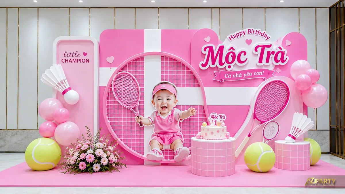Backdrop sinh nhật màu hồng chủ đề tennis với vợt, bóng và sân thi đấu thu nhỏ