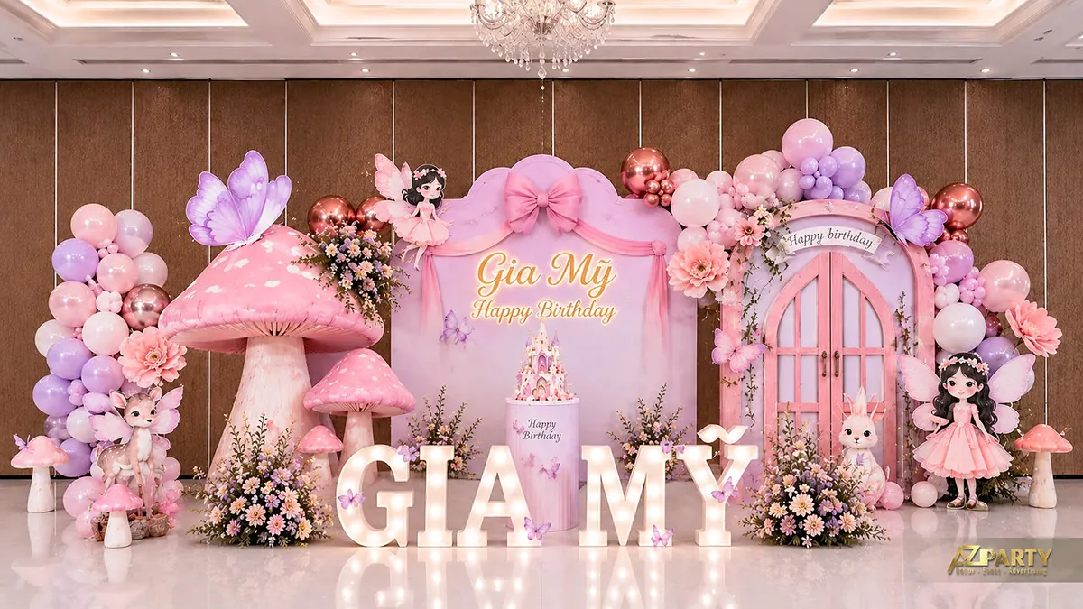 Backdrop sinh nhật cổ tích màu hồng tím với nấm lớn, hoa và nhân vật dễ thương
