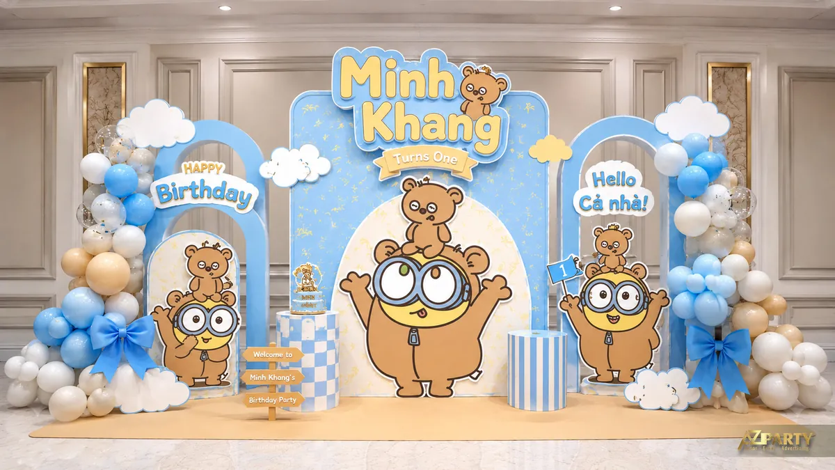 Backdrop sinh nhật Minions gấu nâu xanh pastel với cổng vòm, mây và cụm bóng trắng xanh
