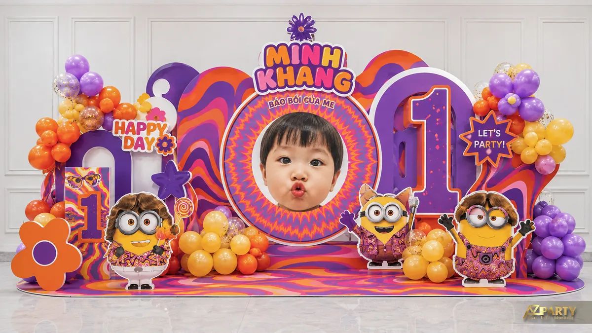 Backdrop sinh nhật Minions phong cách retro cam tím với số 1 lớn, hoa và bóng bay rực rỡ