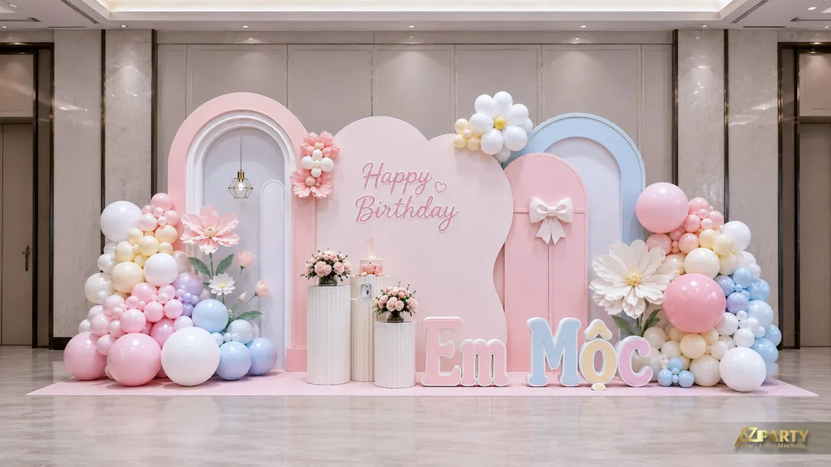 Backdrop sinh nhật Em Mộc pastel hồng xanh với vòm nhiều lớp, hoa lớn và cụm bóng