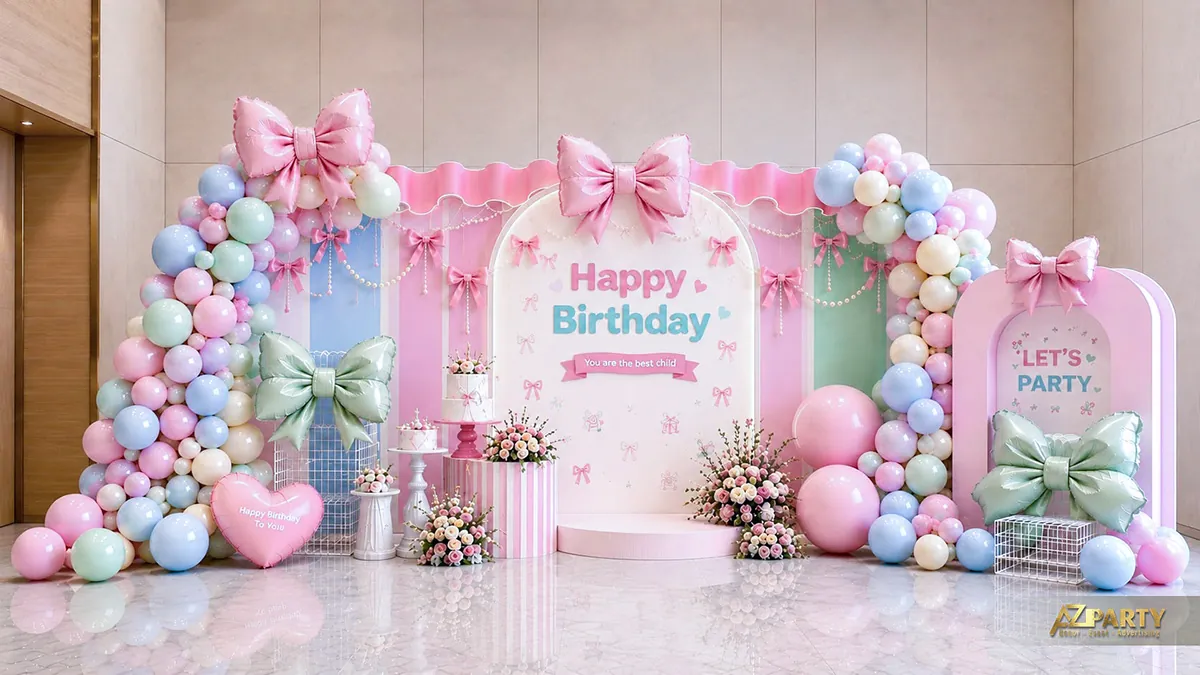 Backdrop sinh nhật pastel hồng xanh với nơ lớn, cụm bóng và hoa trang trí