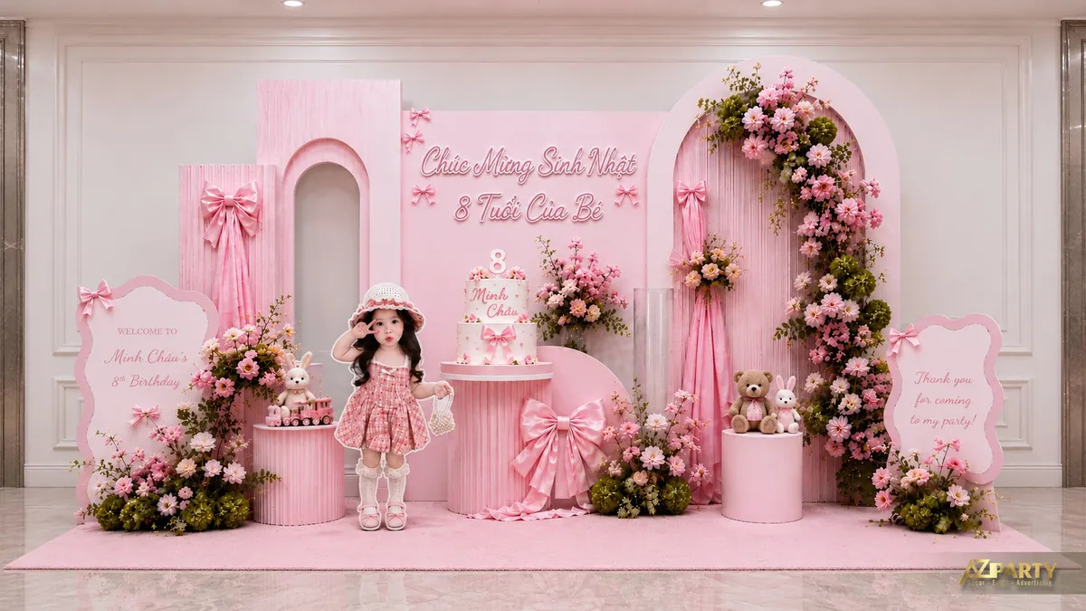 Backdrop sinh nhật bé gái Minh Châu 8 tuổi với hoa hồng, bục bánh và nơ satin