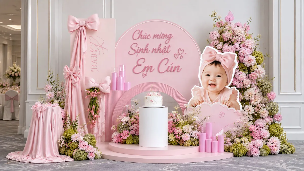 Backdrop sinh nhật Em Cún màu hồng với hoa, nơ satin và ảnh bé nổi bật