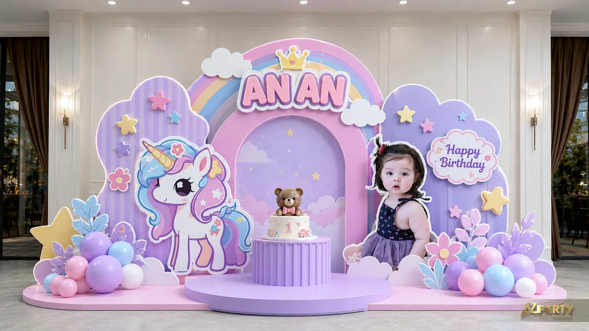 Backdrop sinh nhật An An chủ đề unicorn tím pastel với cầu vồng, hoa và ảnh bé