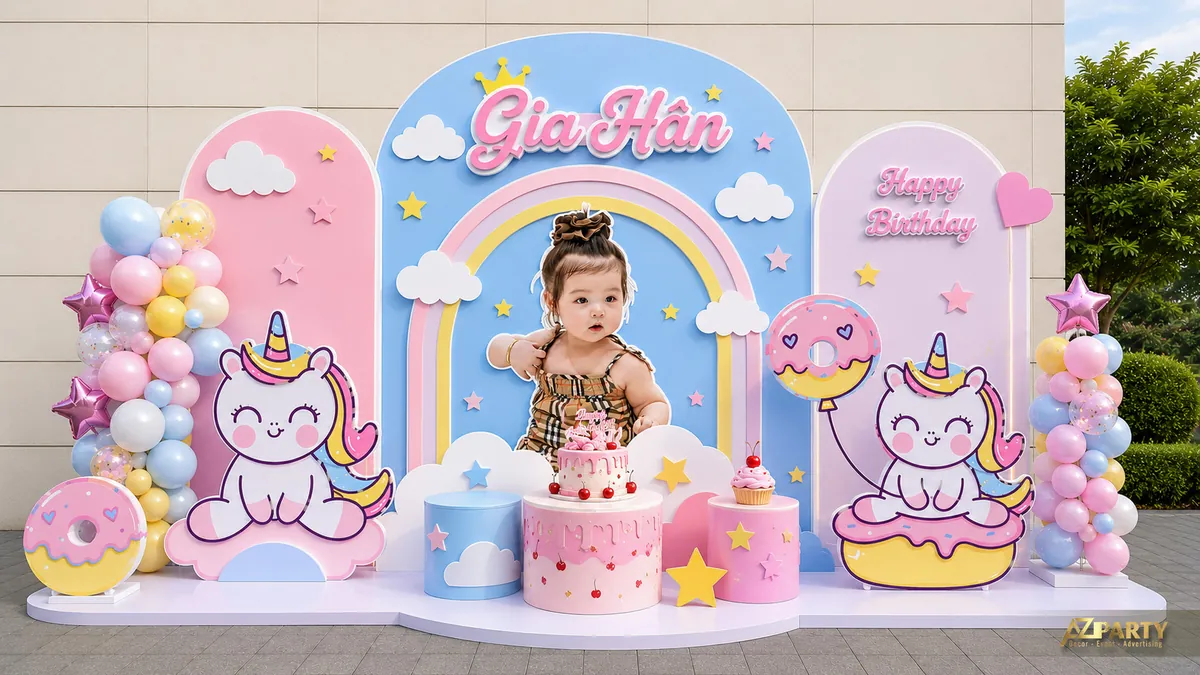 Backdrop sinh nhật Gia Hân chủ đề unicorn xanh hồng với bánh donut, sao và bóng bay