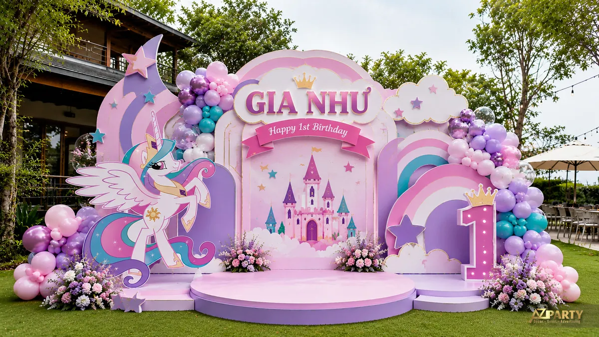 Backdrop sinh nhật unicorn Gia Như với lâu đài hồng tím, cầu vồng và bóng pastel