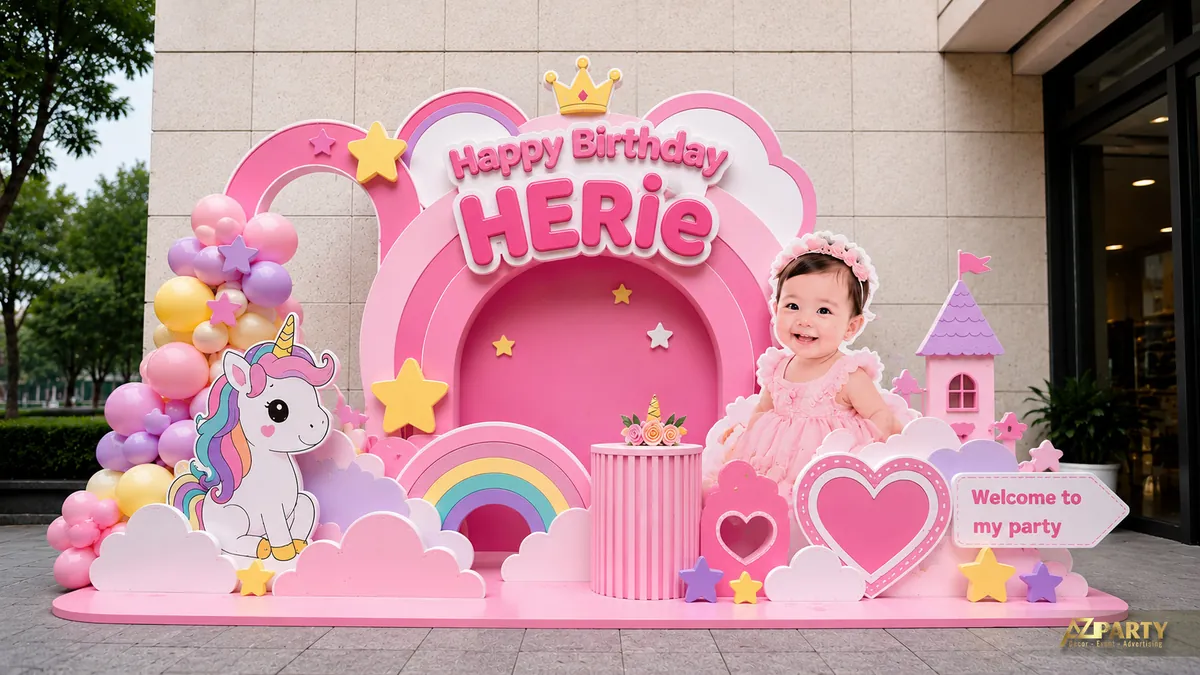 Backdrop sinh nhật Herie chủ đề unicorn hồng với lâu đài, trái tim và cầu vồng