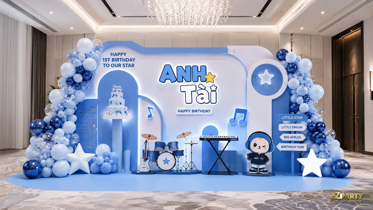 Sân khấu sinh nhật Anh Tài xanh dương chủ đề âm nhạc với trống, guitar và đàn phím