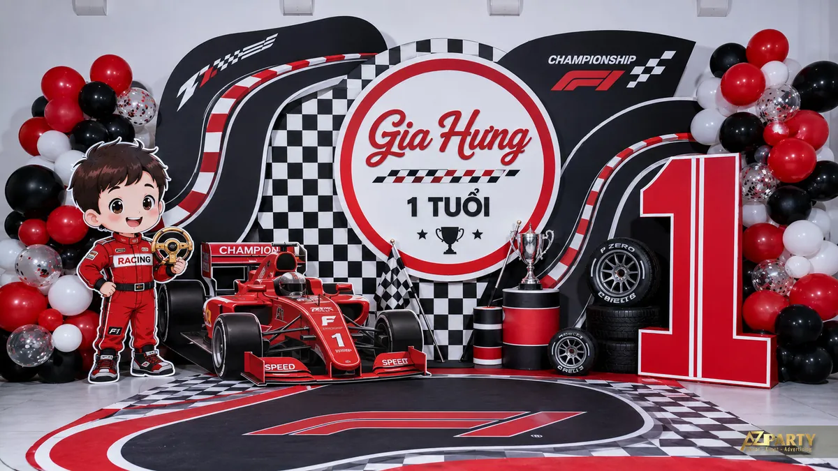 Khu sinh nhật F1 tông đỏ đen cho bé Gia Hưng 1 tuổi với xe đua công thức và số tuổi 3D