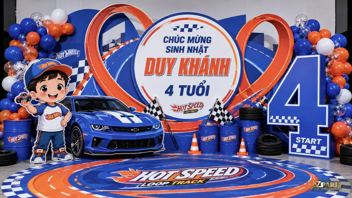Phông sinh nhật Hot Wheels cho bé Duy Khánh 4 tuổi với xe xanh và đường đua vòng lặp màu cam