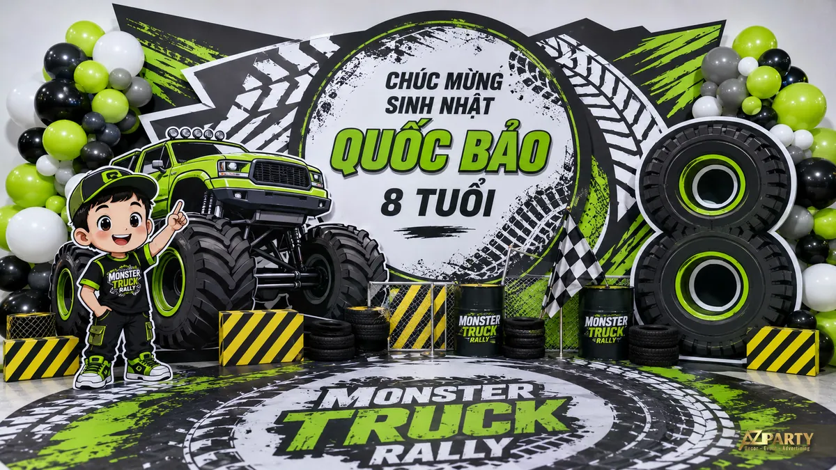 Khu sinh nhật monster truck màu xanh lá đen cho bé Quốc Bảo 8 tuổi với xe địa hình và lốp lớn