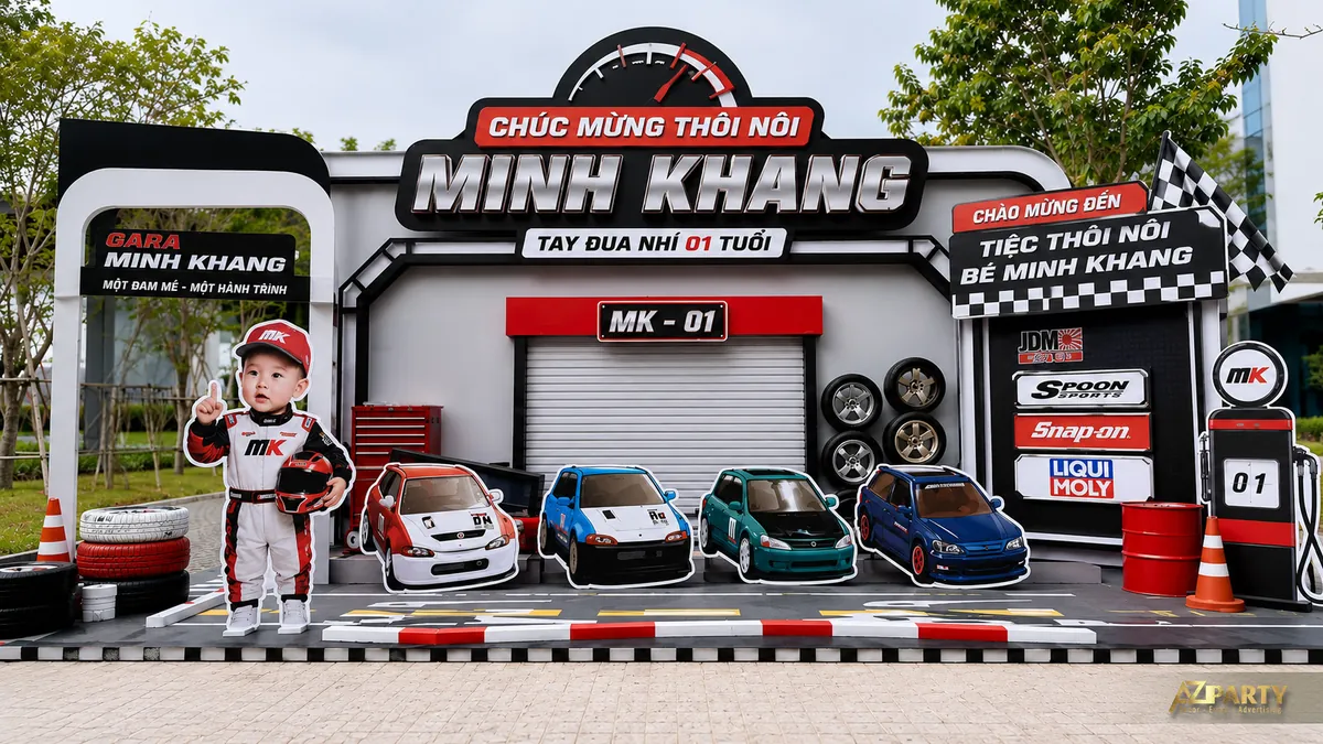 Khu thôi nôi chủ đề xe hơi ngoài trời cho bé Minh Khang với concept gara, xe mô hình và trụ xăng