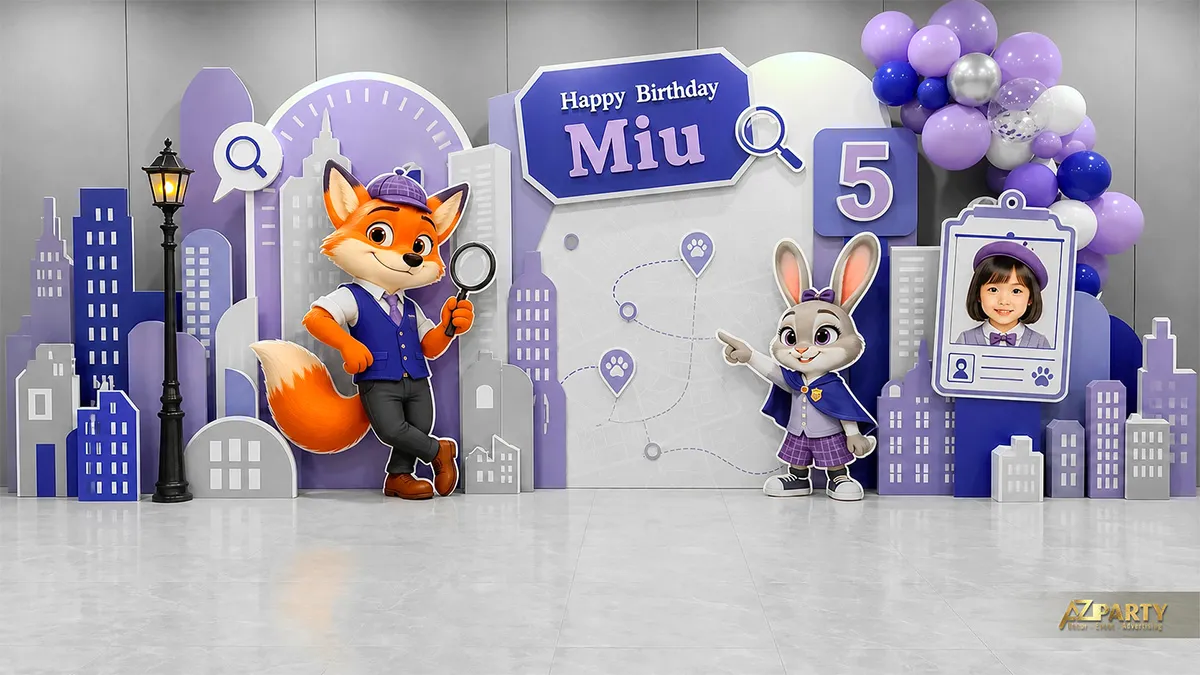 Backdrop Zootopia xanh tím với Nick và Judy trong khung thành phố