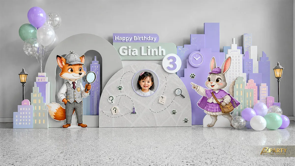Góc tiệc Nick và Judy tím pastel với cụm bóng nhẹ