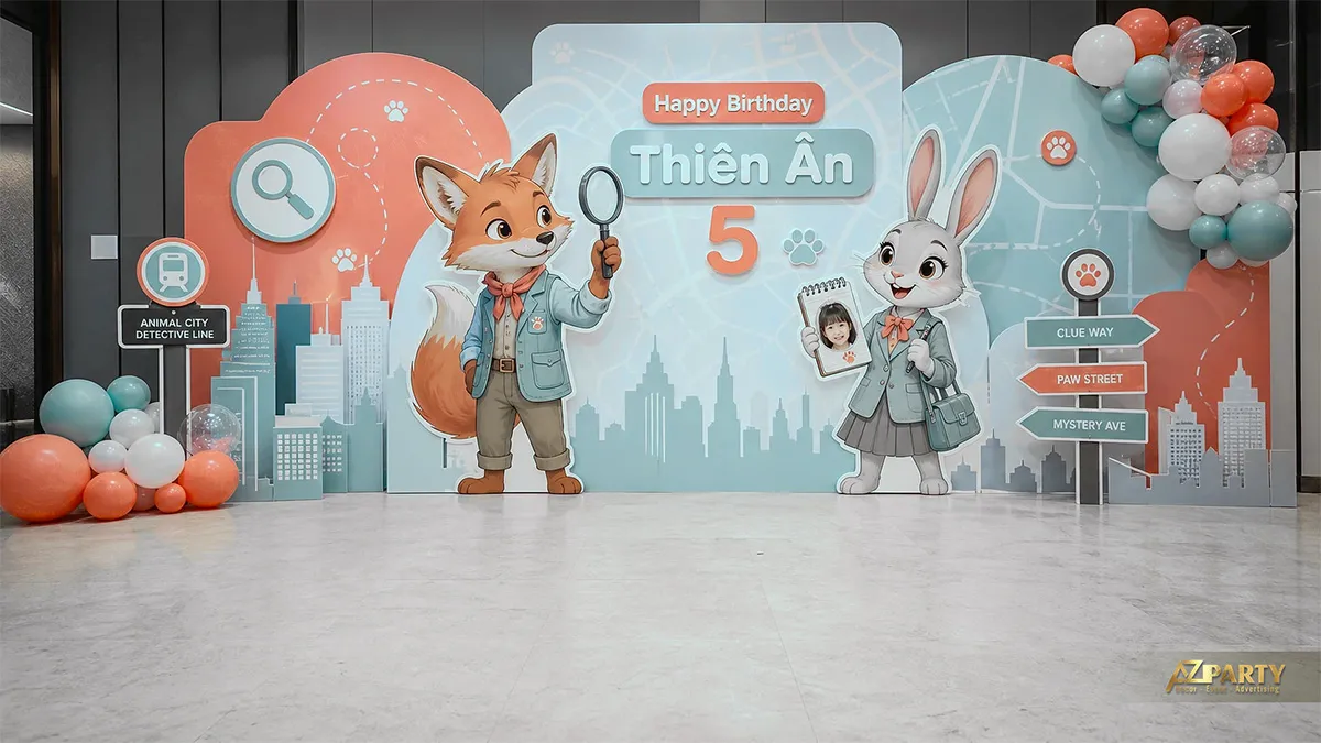 Phông sinh nhật Zootopia xanh mint hồng với các nhân vật hoạt hình