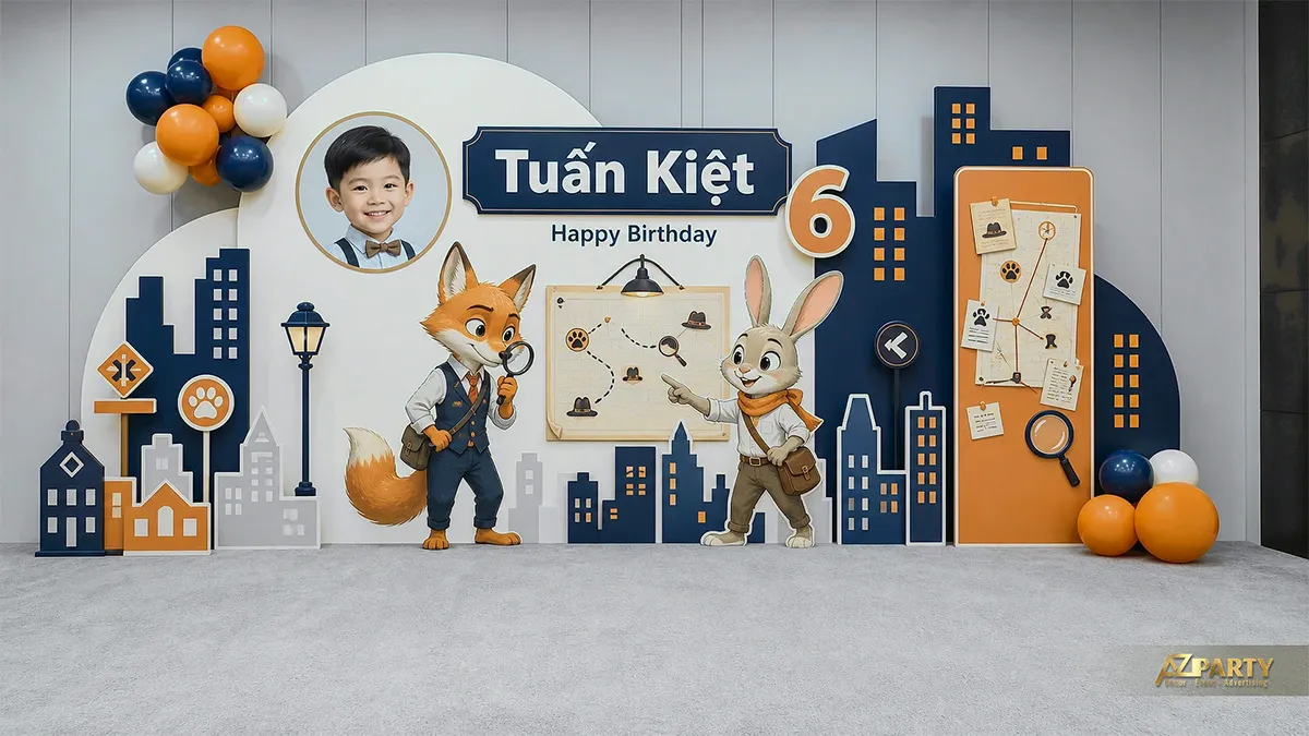 Backdrop Nick và Judy xanh navy cam với nhiều nhân vật