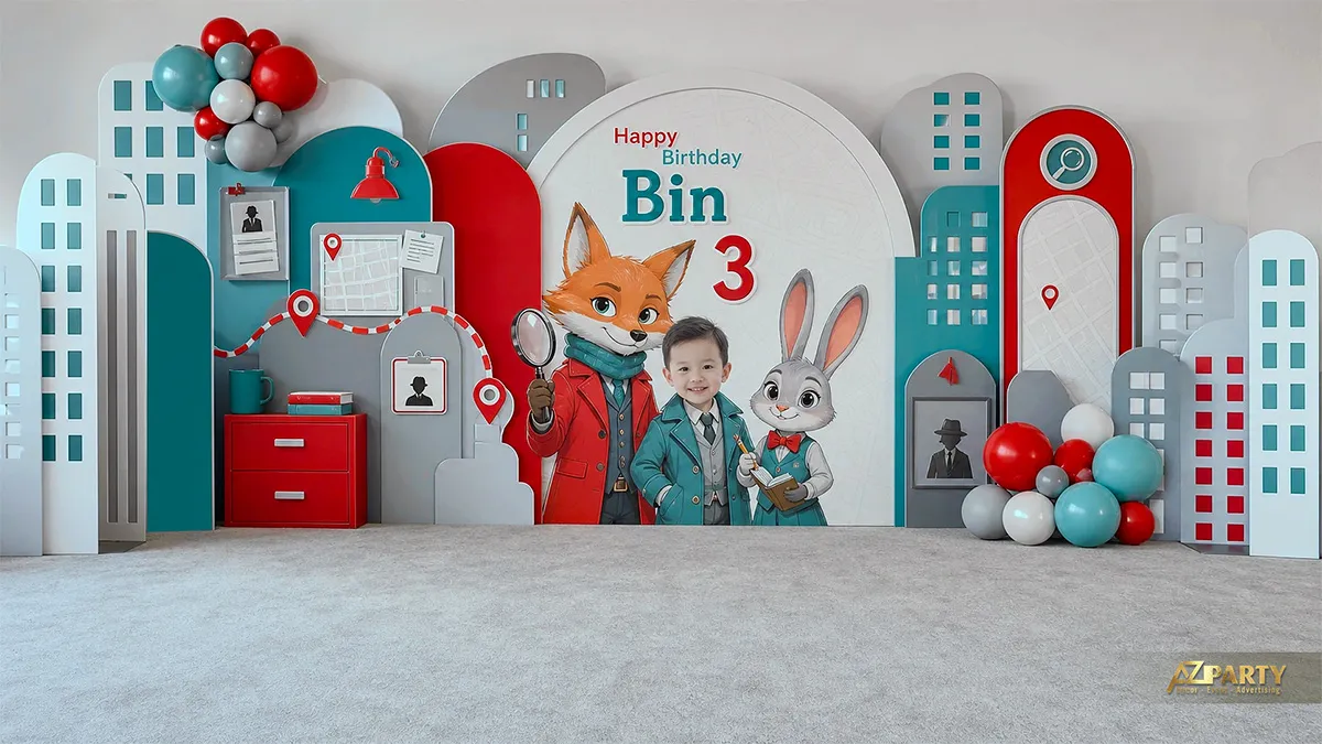 Không gian sinh nhật Zootopia đỏ xanh rực rỡ