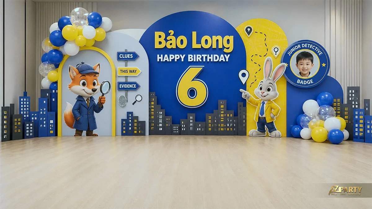 Phông Zootopia xanh đậm vàng với tên bé ở trung tâm