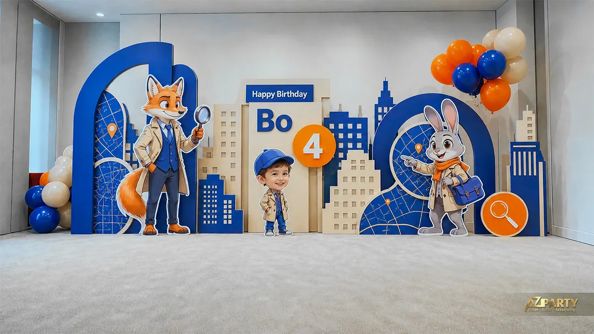 Góc tiệc Nick và Judy xanh cam với các mảng kiến trúc