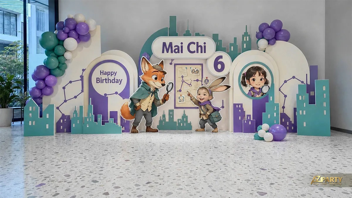 Backdrop Zootopia tím pastel với dàn nhân vật nhiều lớp