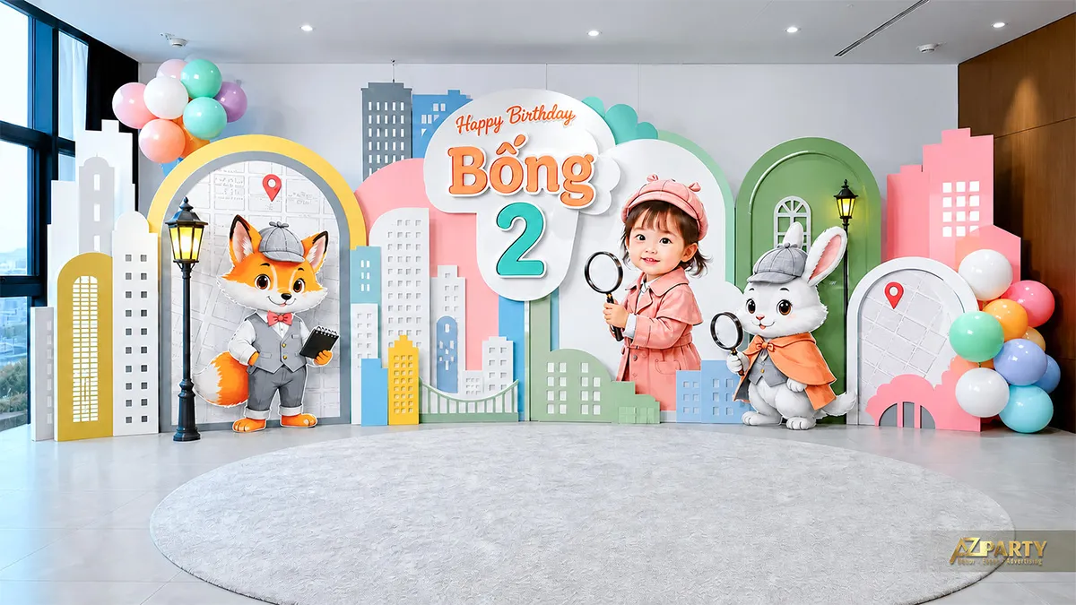 Không gian sinh nhật Nick và Judy nhiều màu với khung cửa thành phố