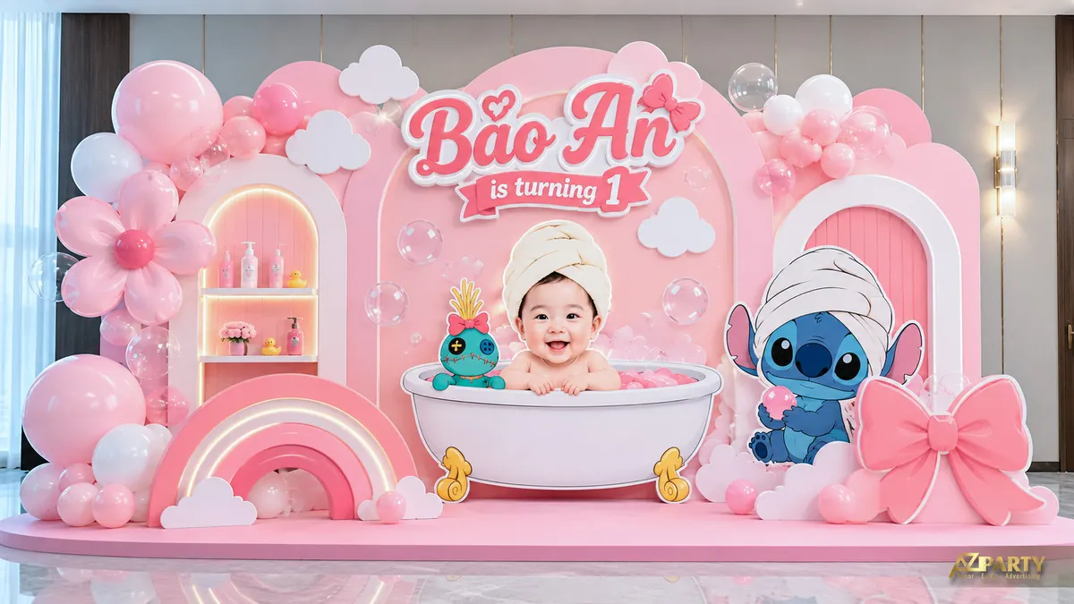 Backdrop Stitch màu hồng chủ đề tắm bồn với ảnh bé, cầu vồng và nơ lớn