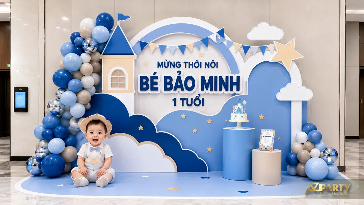 Phông thôi nôi bé Bảo Minh chủ đề lâu đài trên mây màu xanh