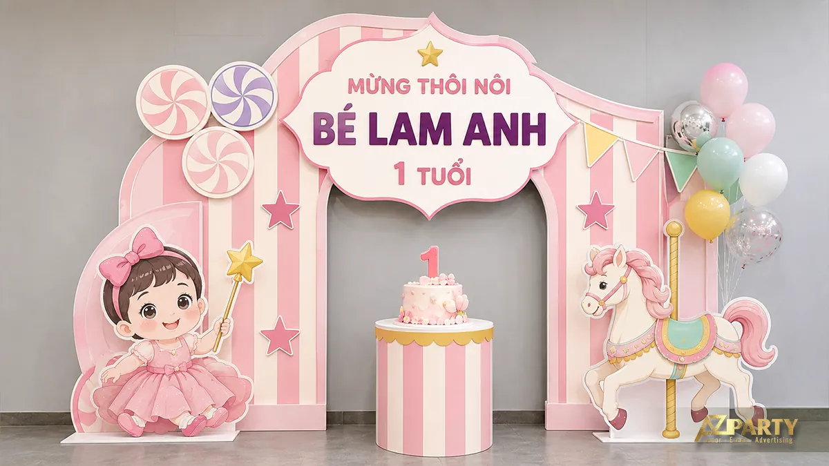 Backdrop thôi nôi bé Lam Anh chủ đề kẹo ngọt và ngựa gỗ màu hồng